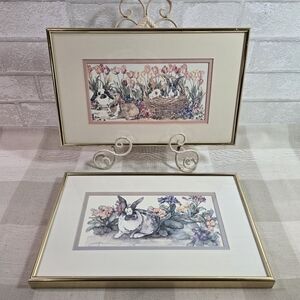 Jodi Jensen Bunny Flower Garden Rabbits Vintage Print x 2 ~ Framed Double Matted